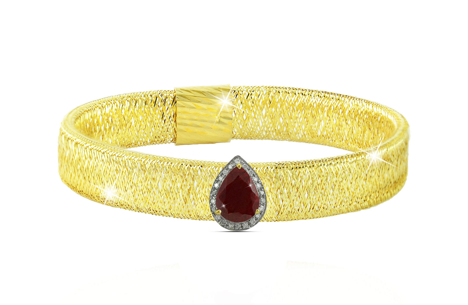 Vera Perla 18K Gold 0.12ct Diamonds, Ruby Mesh Bracelet